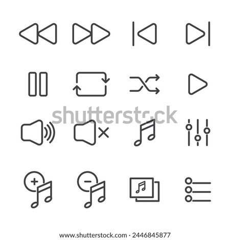 Simple Set of Music Controls Related Vector Line Icons. Contains such Icons as Artist, Songs List, Mute and more. Editable Stroke.
