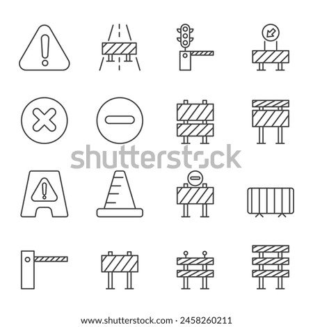 Road block and pedestrian barrier blue editable stroke thin linear outline icons set isolated on white background flat vector illustration