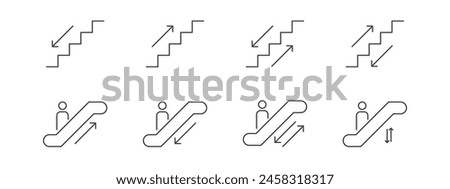 Escalator and stairs up and down editable stroke outline icons set isolated on white background flat vector illustration