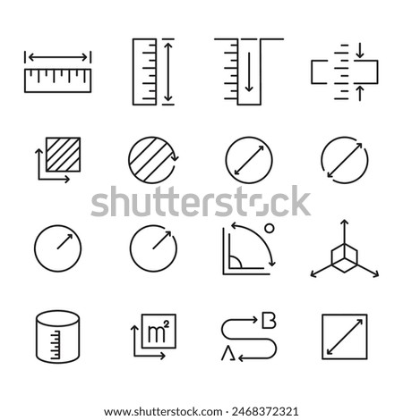 Line icons about length, weight and volume. Contains such icons as ruler, m2, area and more