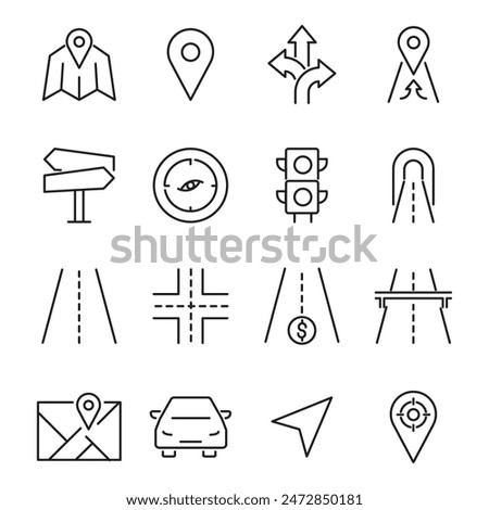 Navigation and roads related editable stroke outline icons set isolated on white background flat vector illustration