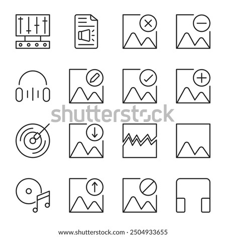 Multimedia line icon collection. Editable stroke. Vector illustration. Containing headphone, image, image plus, minus, block, broken, image check, download, image upload