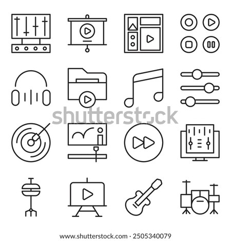 Multimedia line icon collection. Editable stroke. Containing headphone, image, image plus, minus, block, broken, image check, download, image upload