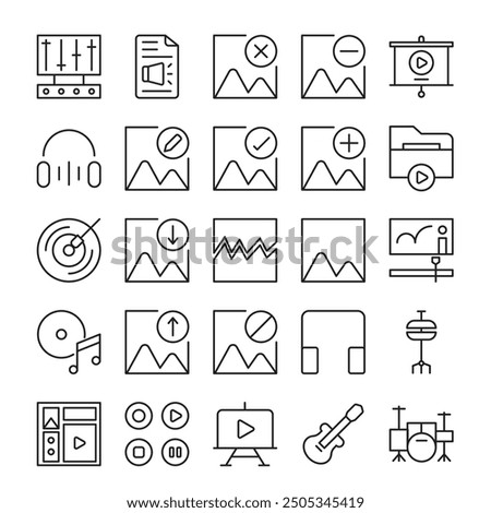 Multimedia line icon collection. Editable stroke. Vector illustration. Containing headphone, image, image plus, minus, block, broken, image check, download