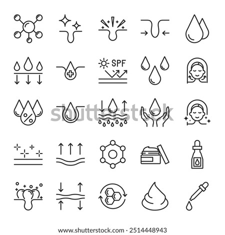 Skin care line icons set. Moisture cream, acid, anti wrinkle serum, ceramide, collagen, retinol compound, sunscreen vector illustration. Outline signs for skincare products property. Editable Stroke