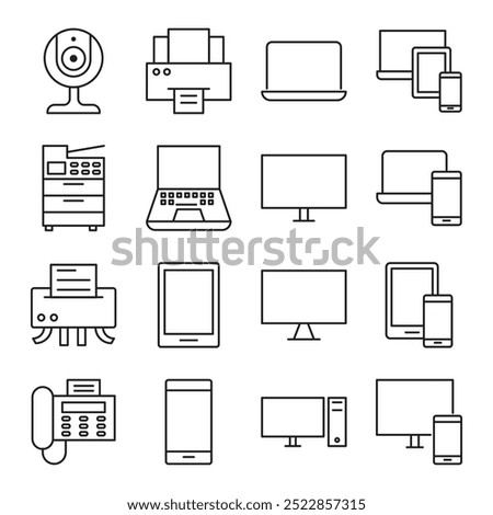 Devices flat line icons set. Pc, laptop, computer, smartphone, desktop, office copy machine vector illustrations. Outline minimal signs for electronic store