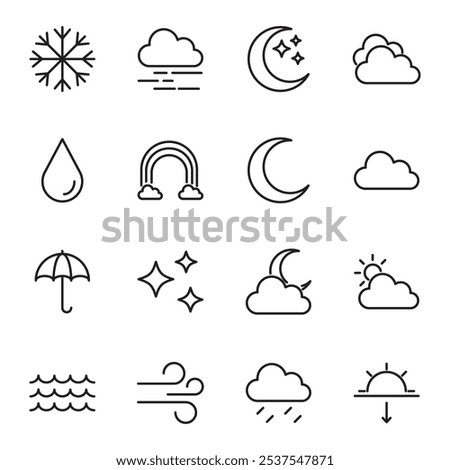 Weather line icons set. Sun, rain, thunder storm, dew, wind, snow cloud, night sky minimal vector illustrations. Simple flat outline signs for web, forecast app