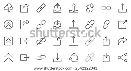 Share button line icon set. Link, broken hyperlink, download, publish, attach chain minimal vector illustrations. Simple outline signs for web application url