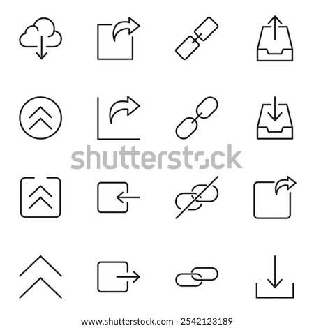 Share button line icon set. Link, broken hyperlink, download, publish, attach chain minimal vector illustrations. Simple outline signs for web application url