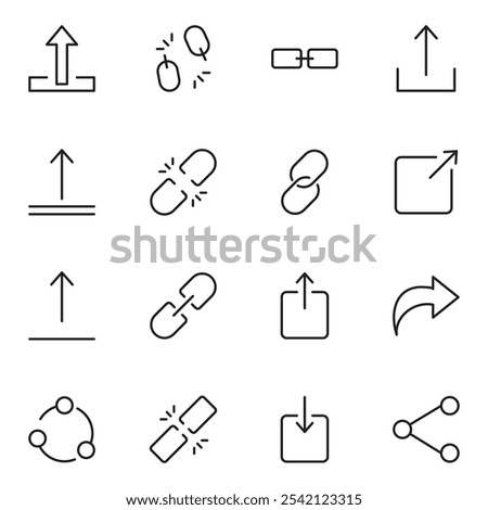 Share button line icon set. Link, broken hyperlink, download, publish, attach chain minimal vector illustrations. Simple outline signs for web application url