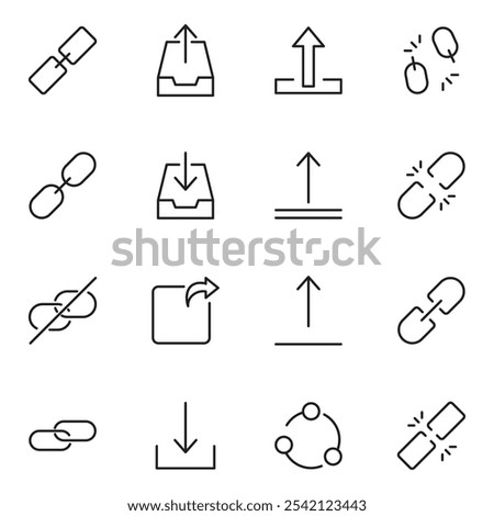 Share button line icon set. Link, broken hyperlink, download, publish, attach chain minimal vector illustrations. Simple outline signs for web application url