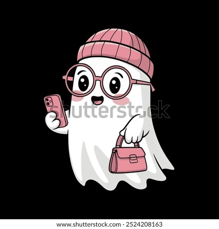 A black background illustration of a cute ghost wearing a beanie hat and large round glasses. The ghost is holding a pink phone in one hand and a small pink handbag in the other,vector illustration