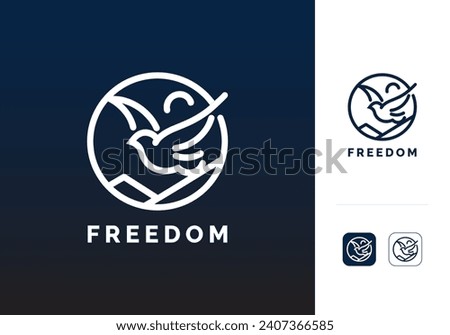 Bird Logo Design Vector Template.
Birds Flying over the Mountain Between Open Sky with Clouds and Sun Vector Illustration.
Freedom Sign or Symbol Line Art Logo Element.
Dove Or Eagle Creative Icon.