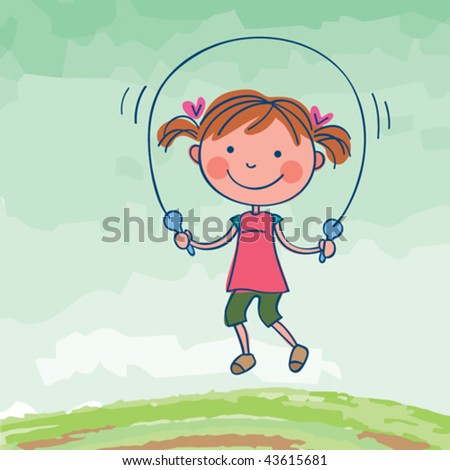 Girl Jumping Rope. Vector Illustration Of A Cute Little Girl Playing ...