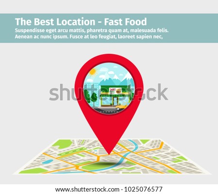 The best location fast food. Point on the map with building, vector illustration