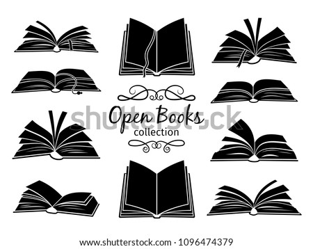 Open books black silhouettes. Book reading icons vector illustration isolated on white for library logo or education symbol