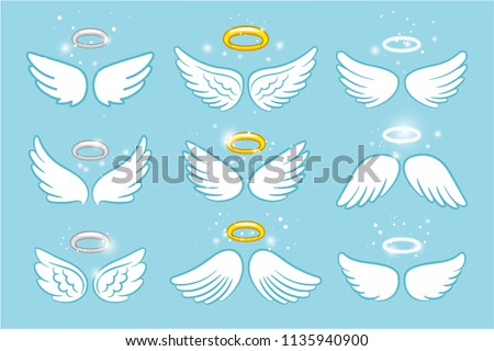 Wings and nimbus. Angel winged glory halo cute cartoon drawings vector illustration on blue background
