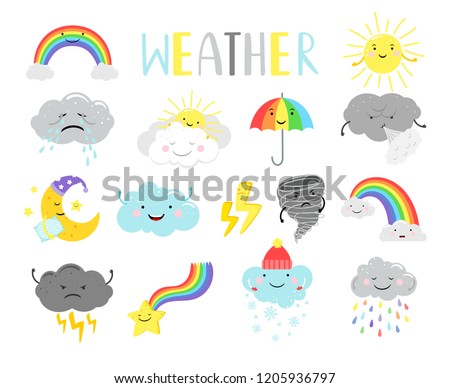 Cute weather. Cartoon weathers illustration items for kids, sunny clouds and happy sun face, moon and tornado isolated on white, vector illustration