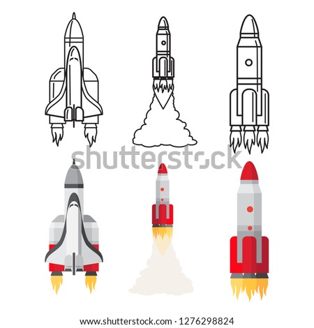 Cartoon and doodle line space rockets set vector illustration. Rocket spacecraft, ship and spaceship