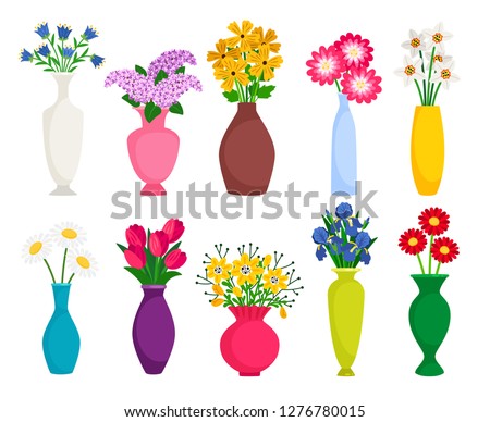 Set of colored vases with blooming flowers for decoration and interior. Chamomile, tulip, poppy and lilac. Vector illustration