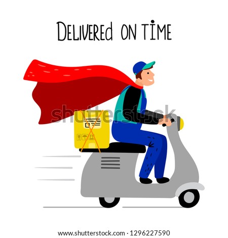 Delivery man on scooter. Moto bike delivery guy with box, motorcycle deliver cartoon driver in red cloak, delivered on time, vector illustration