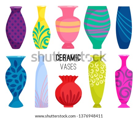 Ceramic vases collection. Colored ceramics vase objects, antique pottery cups with flowers, floral and abstract patterns isolated on white vector illustration