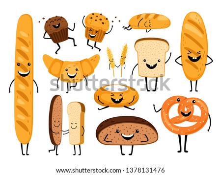 Bread characters. Funny tasty bakery pastries, cartoon happy breads faces character set, kawaii croissant and pastry, cute chocolate muffin and baguette expression vector illustration