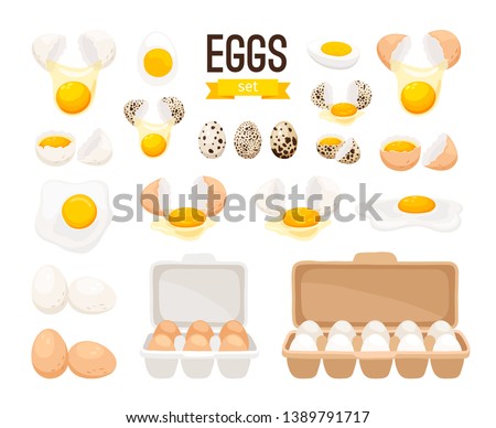 Fresh and boiled eggs. Cartoon broken eggs with cracked eggshell, in cardboard box and egg half with yolk vector illustration