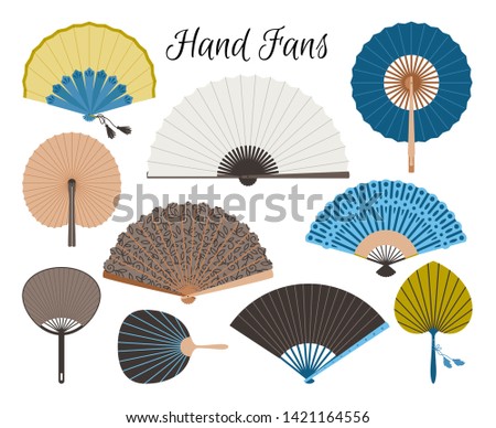 Asian fans. Colored hand traditional fan set isolated on white background, paper folding painting vector fans