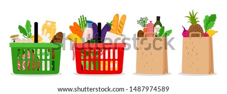Grocery food basket. Eco shopping bags and baskets with food. Vector supermarket illustration