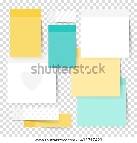Colored note stickers set. Vector green, yellow and white paper notes illustration, sticky empty notepads papers for office text or business messages