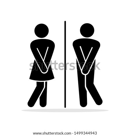Girls and boys restroom pictograms. Funny toilet couple signing, desperate pee woman man wc icons, fun bathroom door signs, humor public washroom urgent vector silhouettes