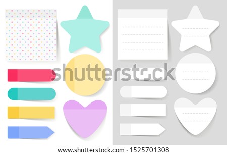 Sticky notes vector illustrations set. Notepad blank paper sheet for planning and scheduling. Round, heart, square shapes color empty reminders isolated cliparts pack. Memo notes collection