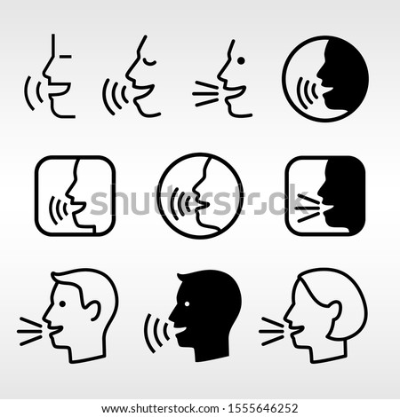 Speak head technology signs. Talk icons, speaking or talking man faces, vector speech informing symbols, voice dictator pictograms, speaker loud control buttons
