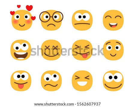 Fun smile emoticons faces. Flat happy and enamored, wonder and laughing, confused and shocked funny emoji face set