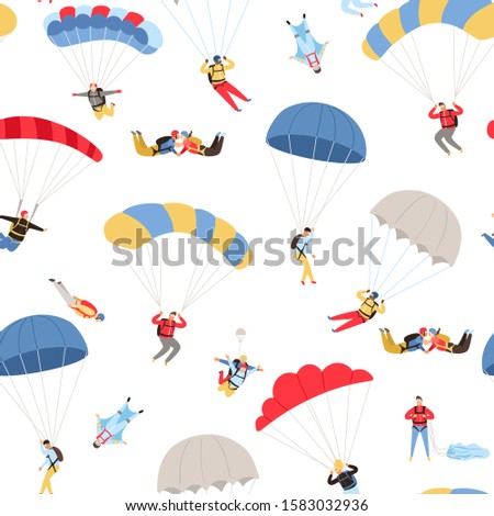 Skydivers seamless pattern. Skydiving repeating background, extreme sky jumpers with parachutes, paratroopers skydiving freedom sport and adrenaline vector illustration