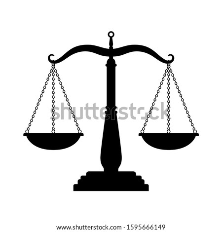 Balance scales black icon. Judge scale silhouette image, trading weight and law court symbol vector illustration, black truth balancing elements on white background