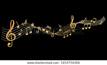 Musical wave. Gold music notes background. Sound vector illustration