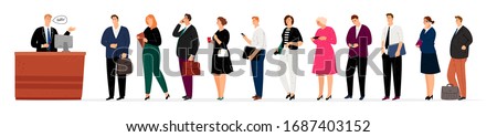 Long queue. People with gadgets, documents and coffee in waiting line. Secretary, receptionist and businesspeople vector illustration