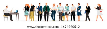 People queue. Man takes documents, secretary. Businesspeople, parents, elderly in waiting line vector illustration