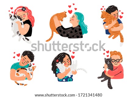 Cat pet owner characters. Owners hugging cats, girls and boys petting cats animals, young persons with pets embraces portraits vector illustration