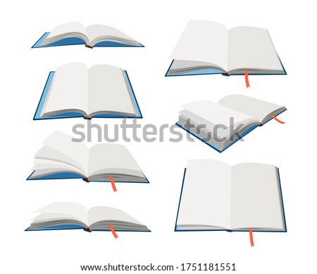Empty open books set. Cartoon textbooks with bookmarks. Blank books in blue hardcovers. Vector illustration of book mockups isolated on white background