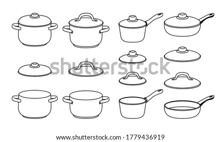 Pans sketch icons. Hand drawn line pan elements for kitchen, black cartoon silhouettes of pots objects, vector illustration of cooking sketched items set isolated on white background