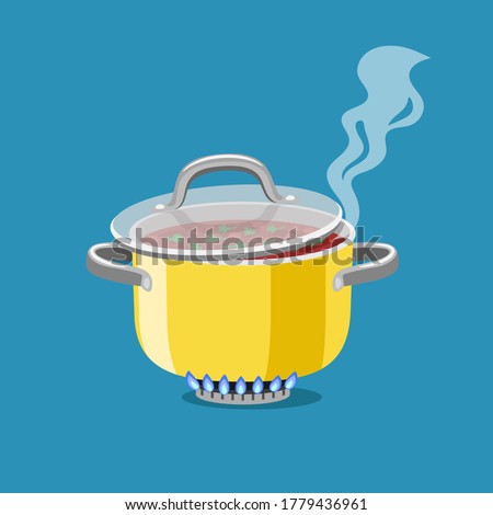 Saucepan on burner. Cartoon steel cooking pot with boiling soup, flaming gas burner heats kitchen cookware pan, vector illustration concept of home dinner isolated on blue background