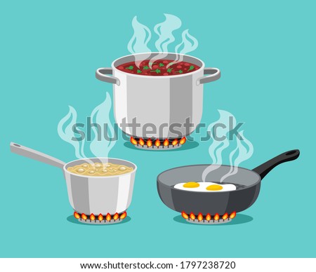 Cooking in home pans. Boiling pot and fried pan set, cartoon steel cooking pots with boiling soup and fried egg, concept of home dinner on stove, flaming gas burner heats kitchen ob
