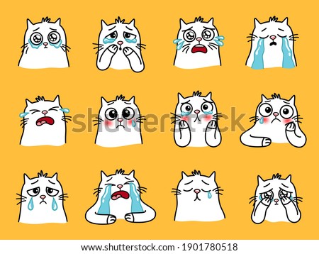 Sad cats emoji. Cartoon home animals with big eyes, cute emotions of loving pets, vector illustration of crying cat set isolated on yellow background