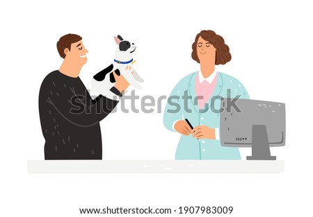 Dog at veterinarian. Rets hospital, owner with dog characters. Veterinary care Stok fotoğraf © 