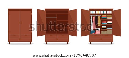 Close open wardrobe. Wardrobes with clothes and shoes, packaging boxes. Isolated wooden cupboard vector illustration