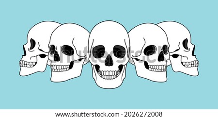 Skulls views. Funny horror spooky skull front and side view illustrations isolated on background, vector skeleton tattoo anatomical face drawings, scary hell smile images