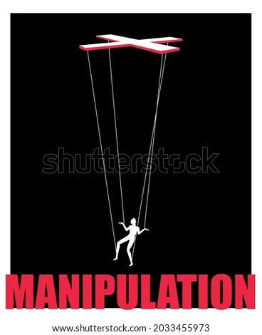 Marionette concept. Woman puppet on boss hand ropes, business exploit control manipulation comncept, puppeteer controlling vector image on black background